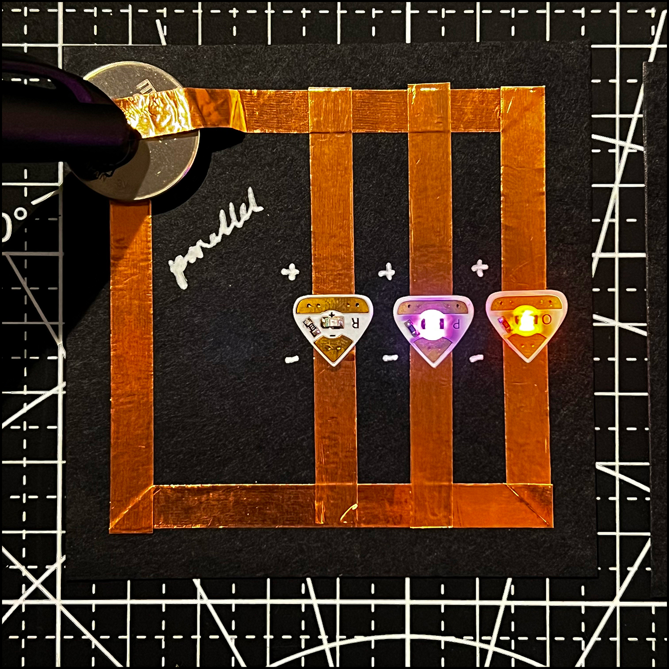 Simple circuit with a switch (with battery). Noticed that using only one battery did not light all three lights up.