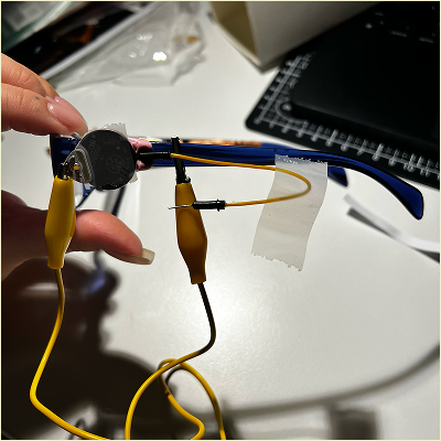 Side-facing view of the circuit on the glasses.