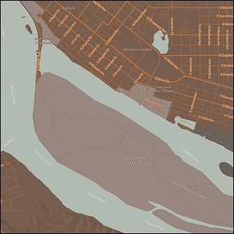 This map is from a neighbouring city to the American Badlands. Because the colours in the map are all from land, I tried to keep in mind that certain colours are associated with different elements displayed on a map. Blue was chosen for water, a lighter grey/brown was chosen for land, and to keep the fact that the colours are from the badlands, I used the warm orange tone as the accent for the roads.