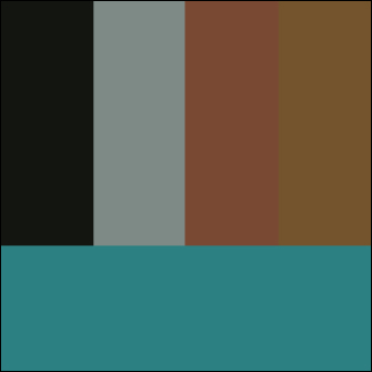 the first iteration of the colour palette chosen from the photo of Chukchi sea in Alaska, in order of left to right, top to bottom: land, road, greenspace, land, water