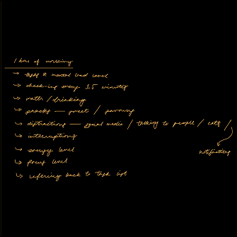 After deciding on a work session being the focus of my data visualization, I brainstormed which aspects I might want to collect data for